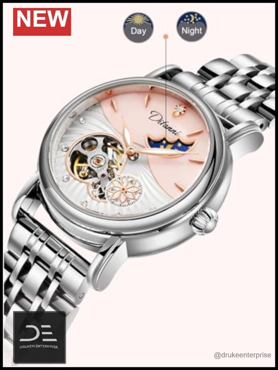 34mm Automatic Skeleton Watch with Moon Phase, Mother of Pearl Dial, Genuine